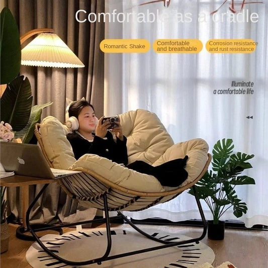OMGD Indoor Large Human Bird's Nest Rattan Faux Leather Full Q-Bomb Doll Cotton Cushion Metal Frame Rocking Chairs/Colors-Beige/Orange/Black/Brown