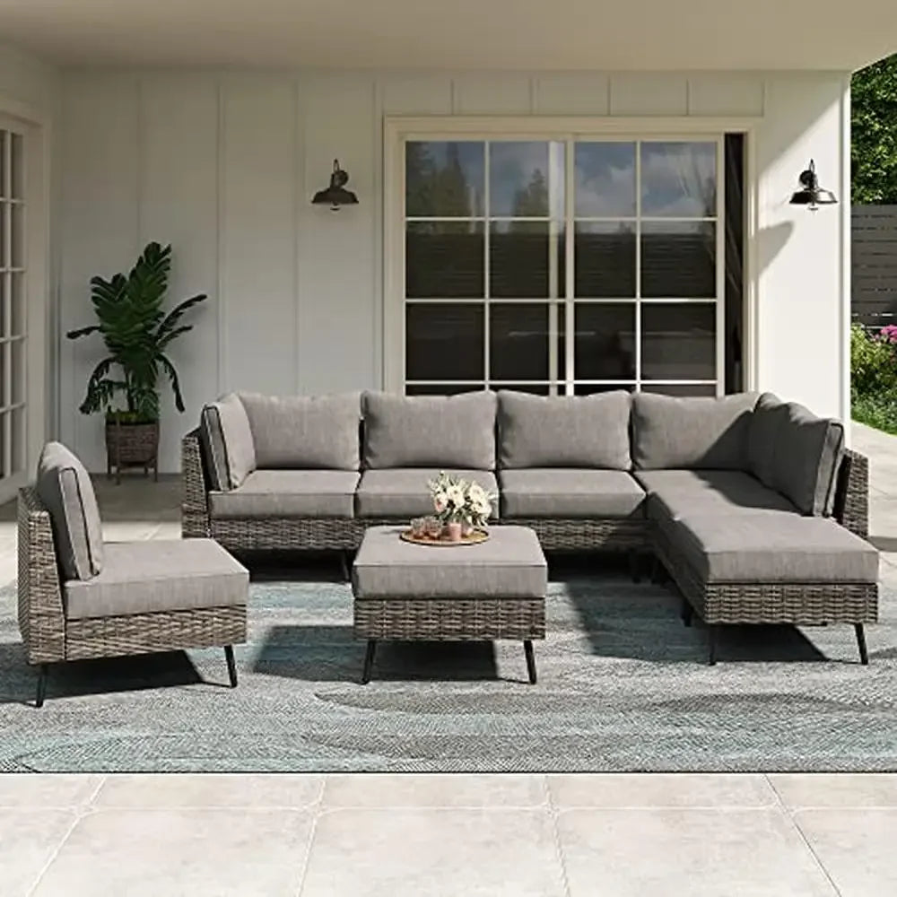 XMSJ Outdoor 8 PCS Modern Free-Standing L-Shaped Soft Comfortable Gray Synthetic Olefin Fabric Thick Sponge Cushions PE Rattan Metal Frame Sectional Sofa Furniture Sets/Table / 2 Corner Chairs/4 Armless Chairs/2 Ottoman Chairs/Weight Max : 300 LBS