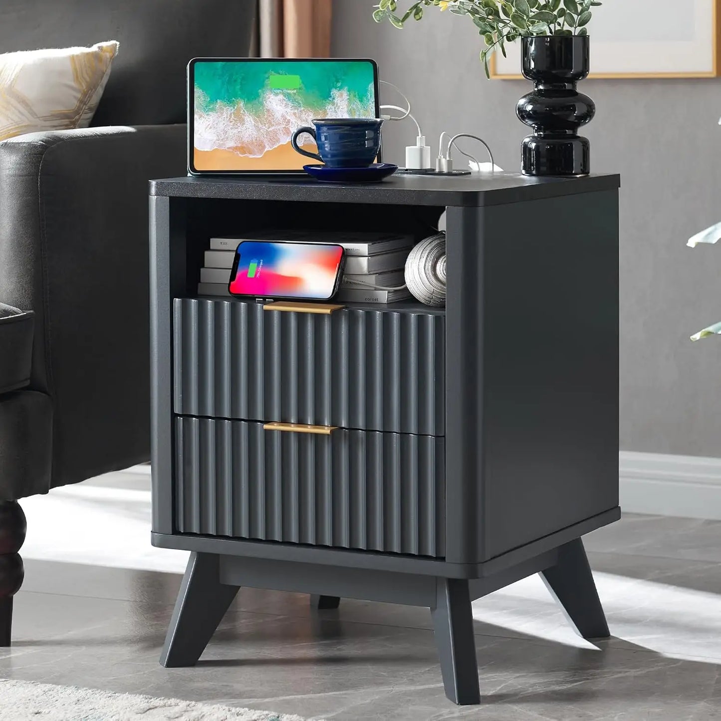ANGDUO White Faux Marble Top-Fluted Oak Wood Earth-Tone Veins Nightstands/Charging Station 2 AC outlets- 2 USB ports  / 2 Drawers /Dimensions: 18"D x 18"W x 24"H/ Colors-Natural Oak, Dark Walnut, Dark Gray, Solid White