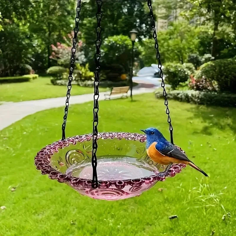 No-EN-Name-Null Outdoor Garden Hanging Black Chains Blue-Green Plastic Floral Design Bowl Bird Feeders/ Or Bird Baths