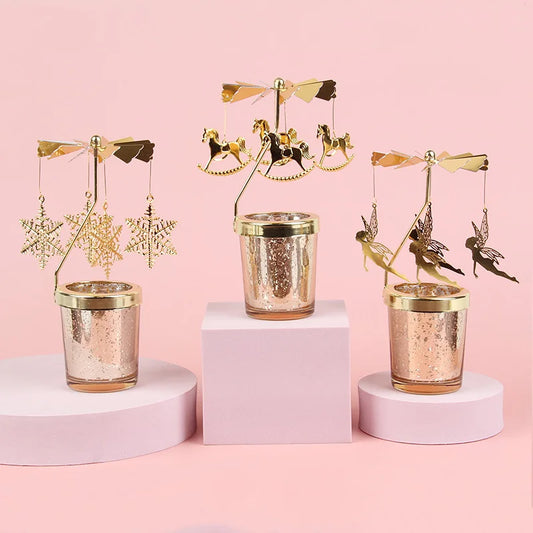 3 PCS Set Modern Gold Colored Stainless Steel Rotating Carousel Small Tealight Candle Holder