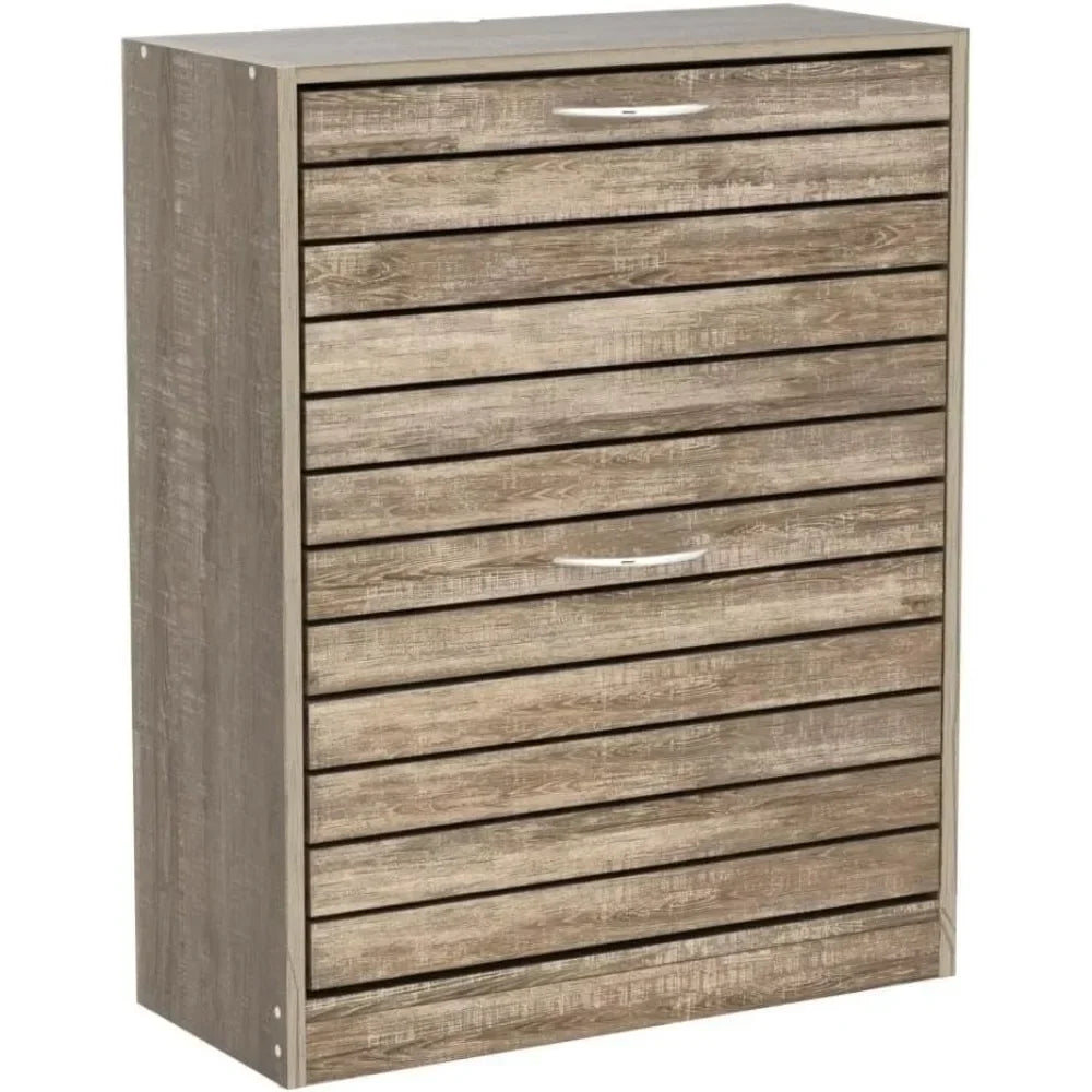 ANGDUO Brown Durable MDF Wood Rectangle Entryway Waterproof Two Flip-Out Drawers-2-Tiers In Each Lockers-Storage Cabinet Shoe Organizers/Assembly Required/ Colors-Brown/White/Gray/Striped/Storage Options/Dimensions : 9.4"D x 22.4"W x 29.5"H/