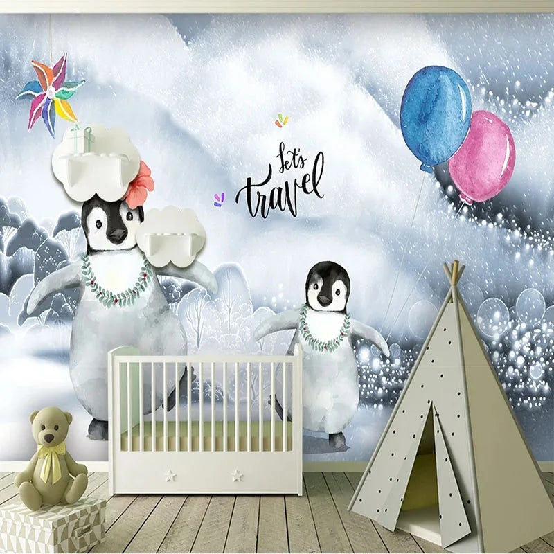 JIADOU Waterproof Canvas Printed 3D Cute Cartoon Blue-Pink Balloons-Two Black-White Penguins-Playing In The Snow-Let`s Travel Self-Adhesive Plastic Decorative Wallpaper/Colors-Blue/Multicolor/Animal/Requires Paste