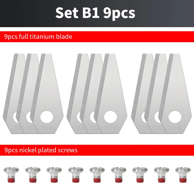ONNFANG 9 PCS Pack Tool Replacement Petrol-Gas Power Lawn Mower Wear-Resistant Anti-Rust Silver-Gold Coated Titanium-Plated Steel Robot Lawn Mower Blades