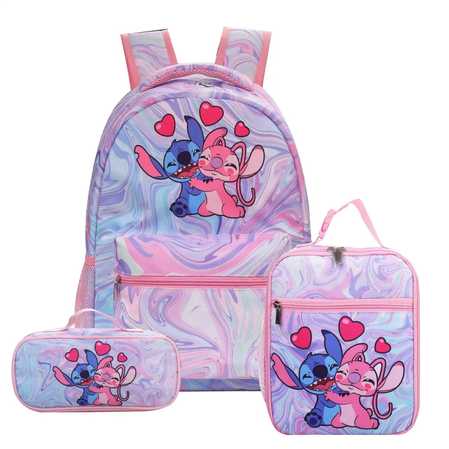 Disney Kids Large 3 PCS Cute Cartoon Stitch Movies-TV Theme Design Pink Polyester Fabric  Shoulder Straps-Handle Zipper Pockets School Backpacks Sets/Pencil Case/Small Accessory Bag/Colors-Multicolor/Pink/Blue