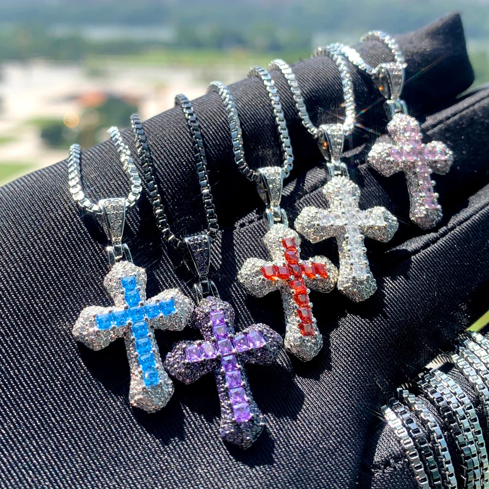ATJMLADY Unisex Fine Imitation Silver-Plated Stainless Steel-Copper Metal Shiny Clear White-Multicolor Small Cross Pendant Box Link Chain Necklaces/Colors-Pink/Purple-Black/Multicolor/Sliver/Blue