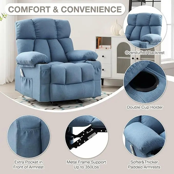 XMSJ JONPONY Blue Soft-Thick Overstuffed Upholstered Padded Polyester-Faux Leather Fabric Ergonomic Heated-Massaging Rocking Metal Frame  Recliners Chairs/Side Pocket/Double Cup Holders