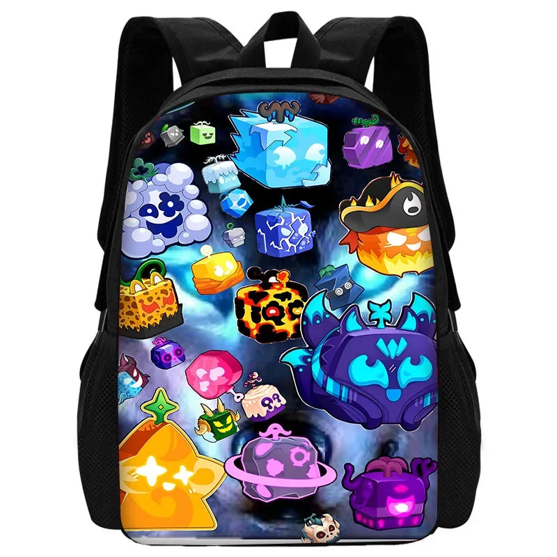 TOPTOY Kids Large Waterproof Multicolor Nylon Fabric Cartoon Smiling Fruit Critters Double Zippers Polyester Lining Shoulder Straps-Handle School Backpacks Sets/Pencil Bags/External Pockets/Colors-Multicolor/Black/Purple