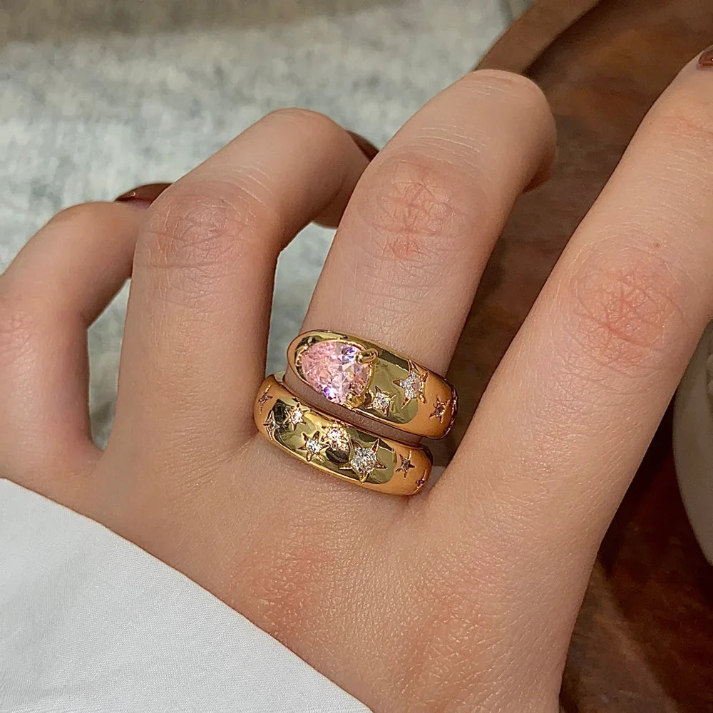 XPEL Adult Women Fine Imitation Stainless Steel 18k Gold-Plated Multicolor Hearts-Diamonds Cubic Zirconia Round Wedding Band Rings/Colors-Green/Gold/Clear/Pink/Multicolor