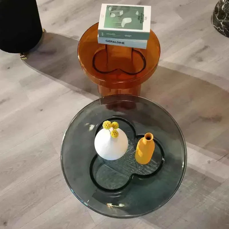 No-EN-Name-Null Modern Non-Toxic Tasteless Petal Side Green-Amber Round Shaped Transparent Blown Glass Corner Coffee Tables