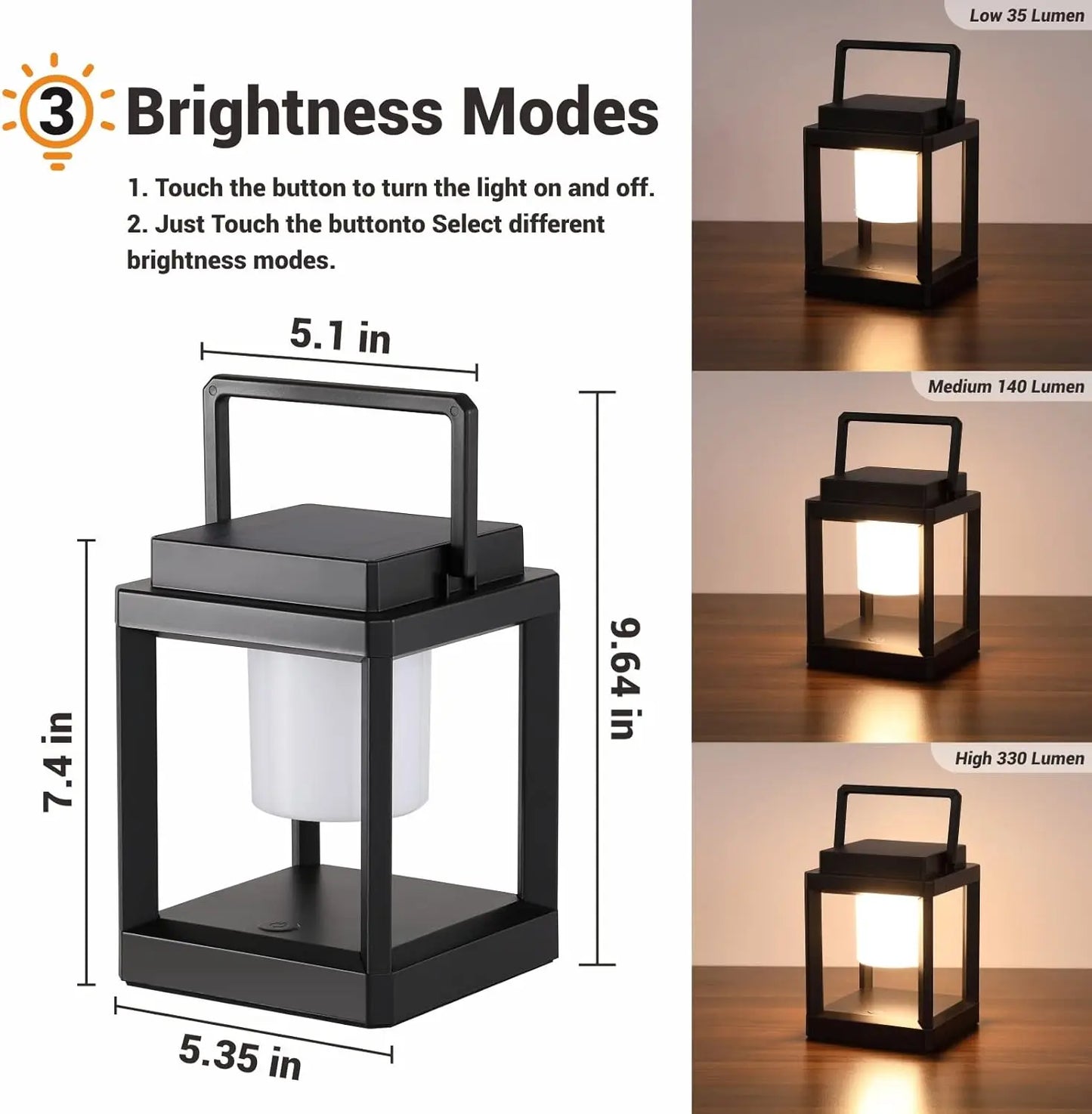 Jeannette Outdoor Solar-Powered Waterproof Black Square Plastic Windows Tabletop Lanterns USB Charging 3-Levels Warm White LED Touch Control Built-In Rechargeable Battery Landscape Pathway Lighting /Colors-Gray/Black/White/LED Bulb Included