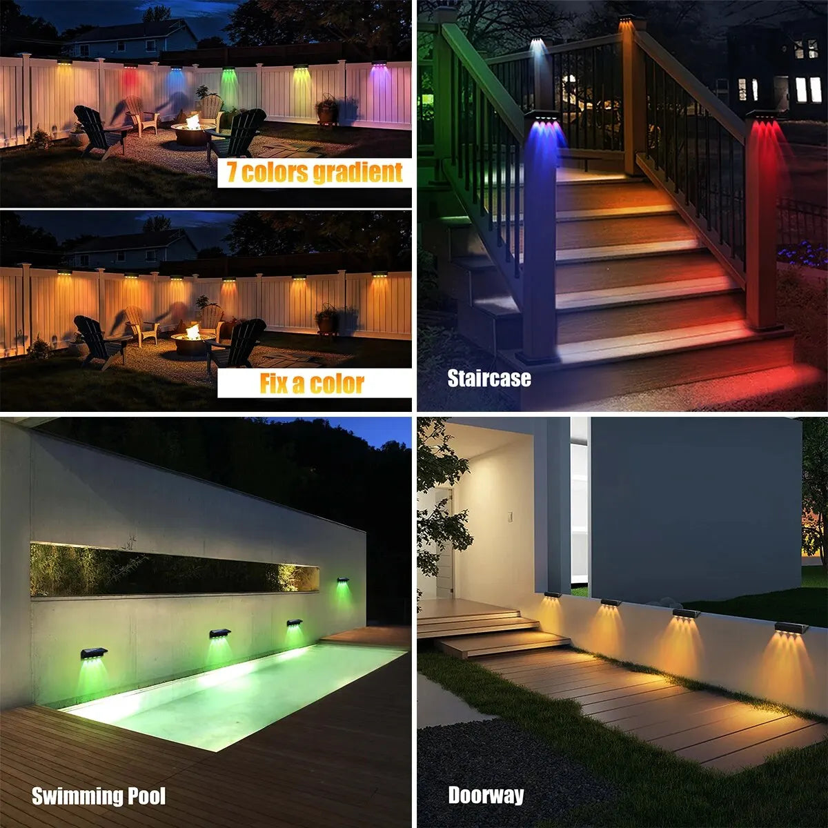 AMARYLLIS ART DECO Style Outdoor Waterproof Dimmable Warm White LED Lights RGB Changing Colors Black Rectangle Shaped Plastic Body Solar-Powered Lithium Battery Step Lights Landscape Pathway Lighting /Colors-Black/White/Multicolor