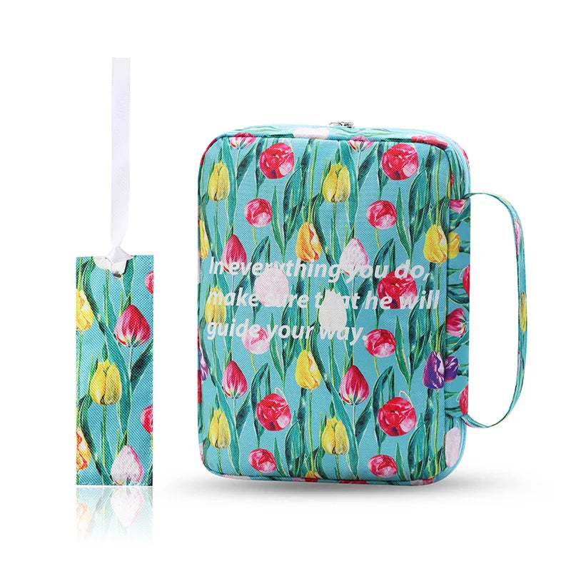 ALL GLORY Soft Handle Blue Floral Design Saying God Is Within Her She Will Not Fall Psalms 46: 5Metal Zippered Internal Pockets Nylon Fabric Polyester Lining Religious Items Bible Cover Cases/Colors-Various Floral Patterns