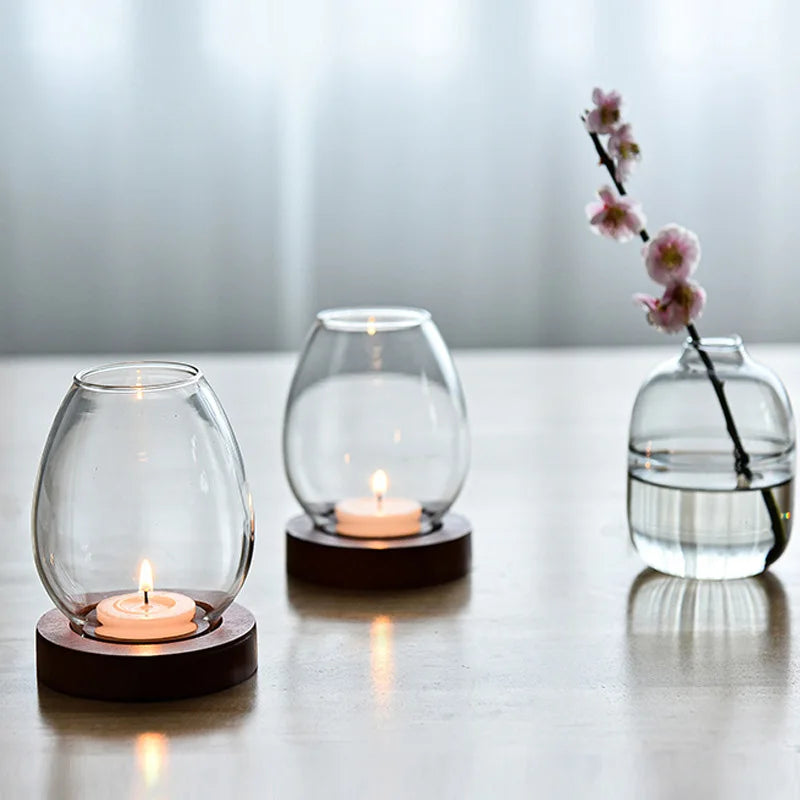 No-EN-Name-Null Modern Vintage Clear Transparent Round Glass Shade-Round Brown Wood Base Windproof Big Tealight Candle Holders