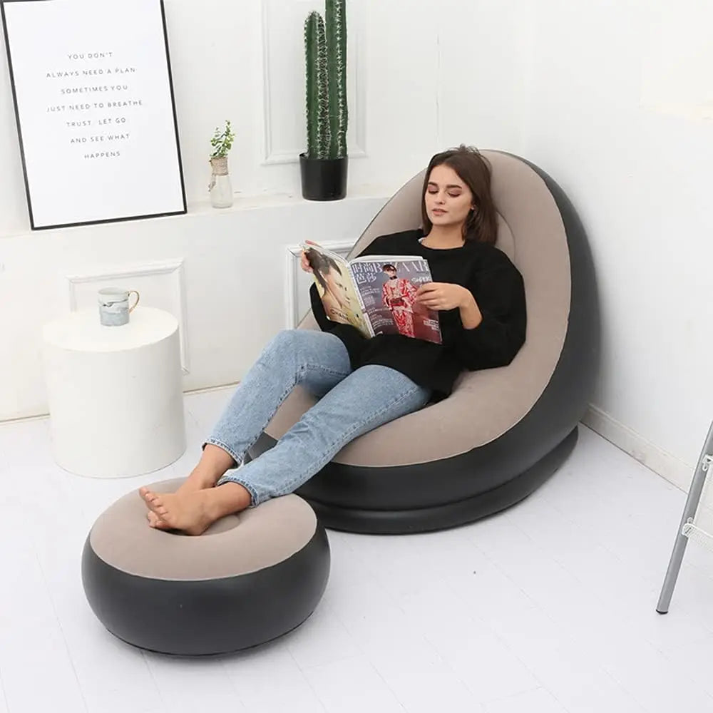 HLAMDER Indoor-Outdoor Air Inflatable Soft Lazy Synthetic Polyester Fabric Foot Stools-Swing Bean Bag Chairs /Colors-Multicolor/Gray/Black/Beige/White/ Orange/With-Without Inflate Tool
