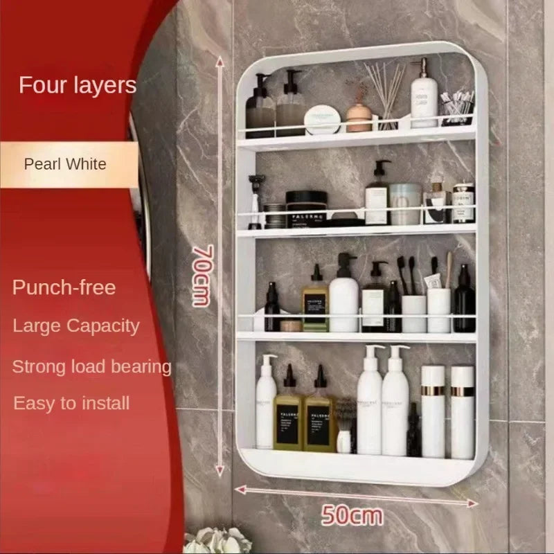 No-EN-Name-Null Modern White-Black Round Corners Vertical Rectangle Steel Metal Four Glass Shelves With Fence Bathroom Wall-Mounted Caddies/Ventilate-Drains