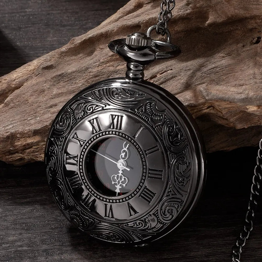 Adults Waterproof Antique Quartz Hallow-Out Black Steampunk Round Shaped Glass Face Stainless Steel Metal Alloy Roman Numeral Chain-Pocket Watches/Colors-Silver/Black/Gold