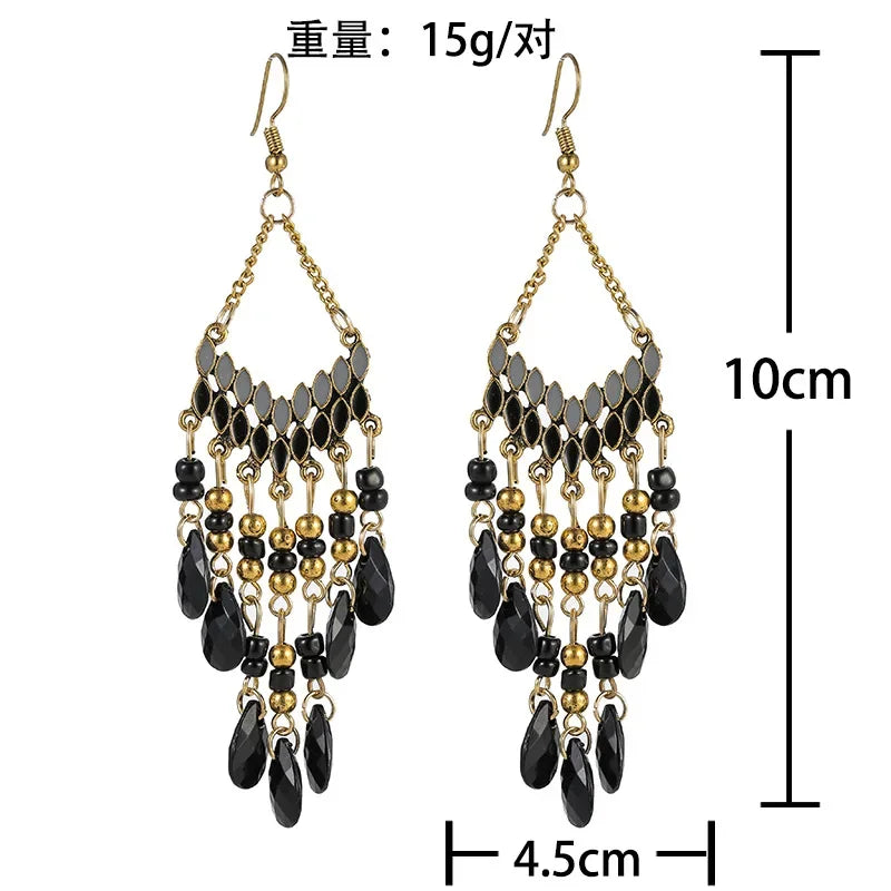 DAIPAN Adult Women Imitation Bohemian Multicolor Resin Beads Water Drop Tassel Gold-Plated Copper-Metal Alloy Earrings/Colors-Multicolor/Gold/Blue/Red/Black/Geometric