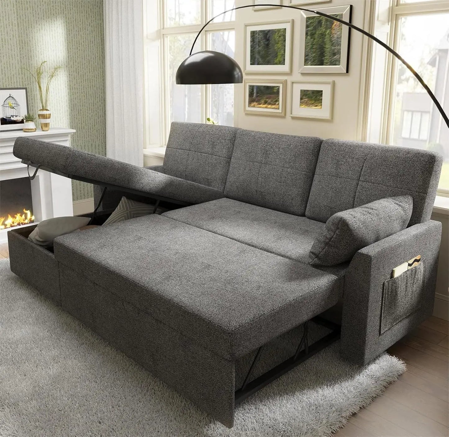 No-EN-Name-Null Grey Linen Hidden Chaise Storage-Pull Out Sleeper Bed-Medium Soft Sofas/Side Pocket