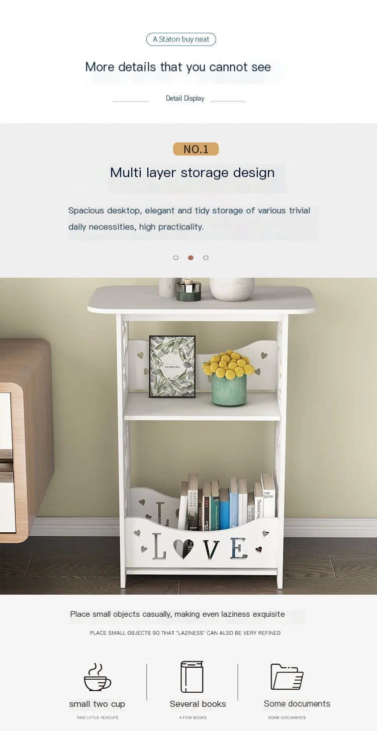 No-EN-Name-Null Modern Small White Rectangle Top Handmade Wood Carved LOVE-Tiny Hearts Design Two Shelves Nightstands