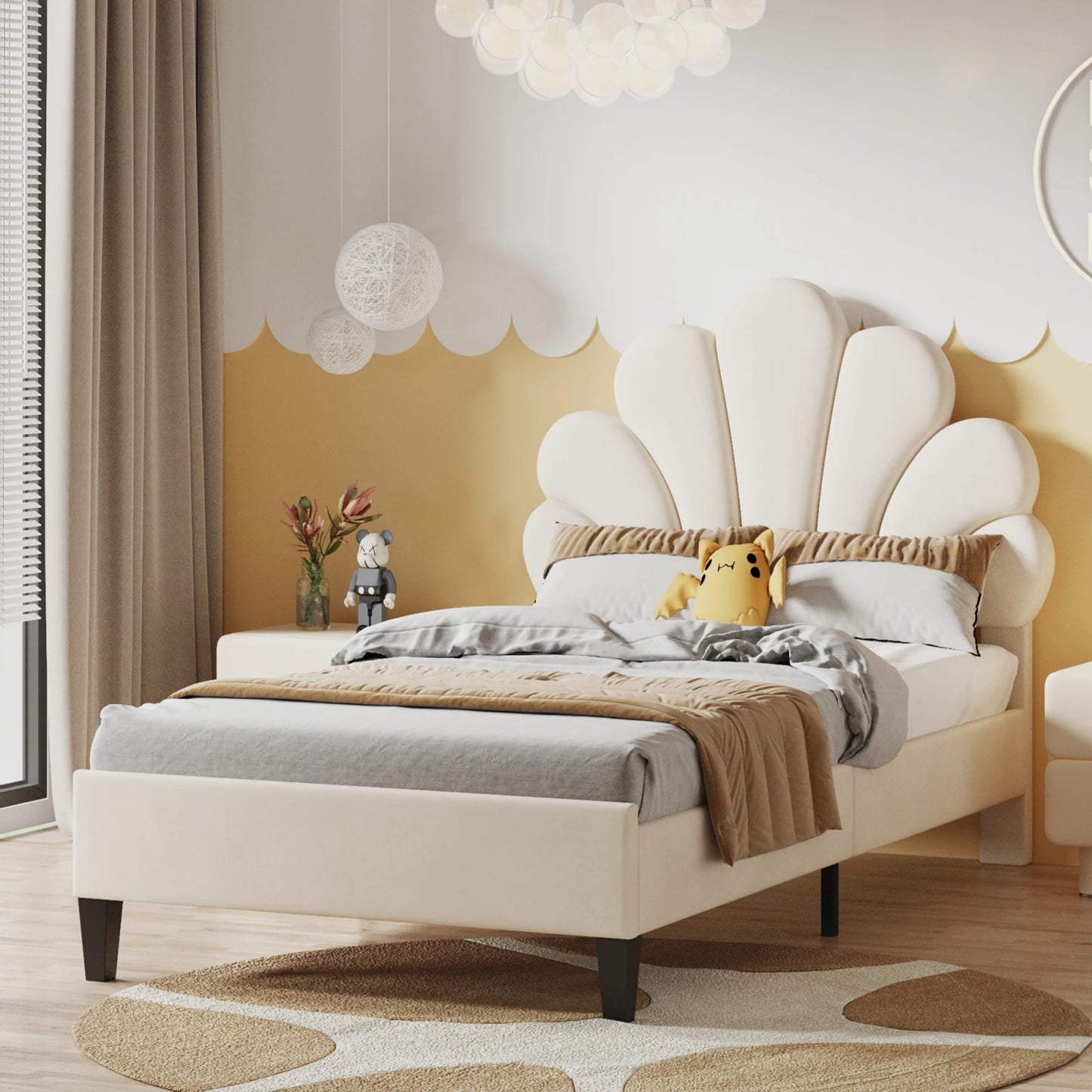 No-EN-Name-Null  Modern Upholstery Padded Flower Shaped Soft Velvet Headboard Platform Bed FRAMES / WITHOUT MATTRESS-DRAWER/ Headboard-Slats/Dimensions: 206cm L x 100cm W x 110.5cm H /Colors-Beige/Burgundy/Pink/ Load Capacity: 440.925 LBS