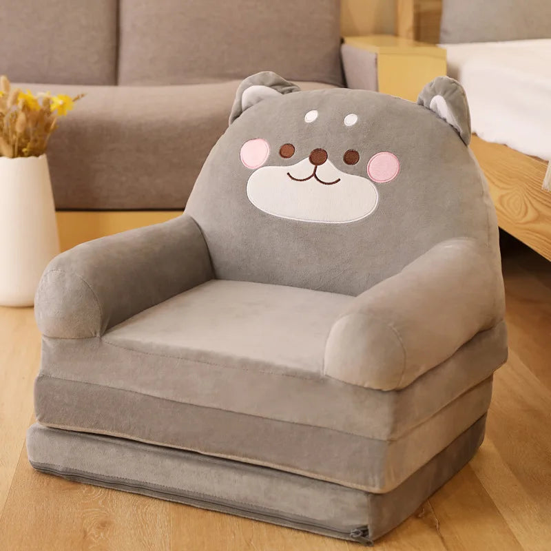 MDNG Modern Kids Customized Upholstered Padding Cute Soft Gray Velvet Fabric Cartoon Animal Faces Folding-Out Play Arm Chairs/Sponge Filling/Colors-Green/Pink/Yellow/Gray/Animals