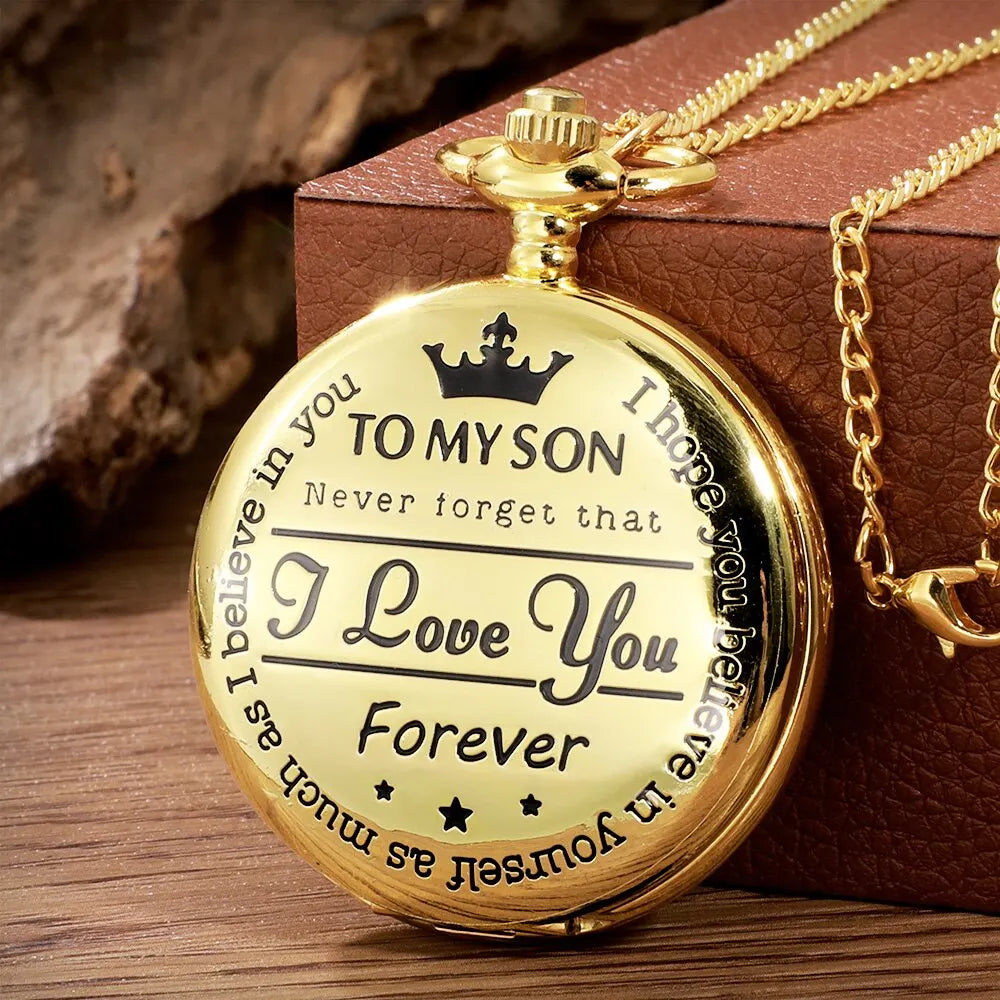 Unisex Adults Waterproof Antique Glass Face Quartz Analog Display To My Son-I Love You-Forever Design Gold-Silver Round Shaped Metal Alloy Case Vintage Steampunk Roman Numerals Gold Necklace Chain-Pocket Watches