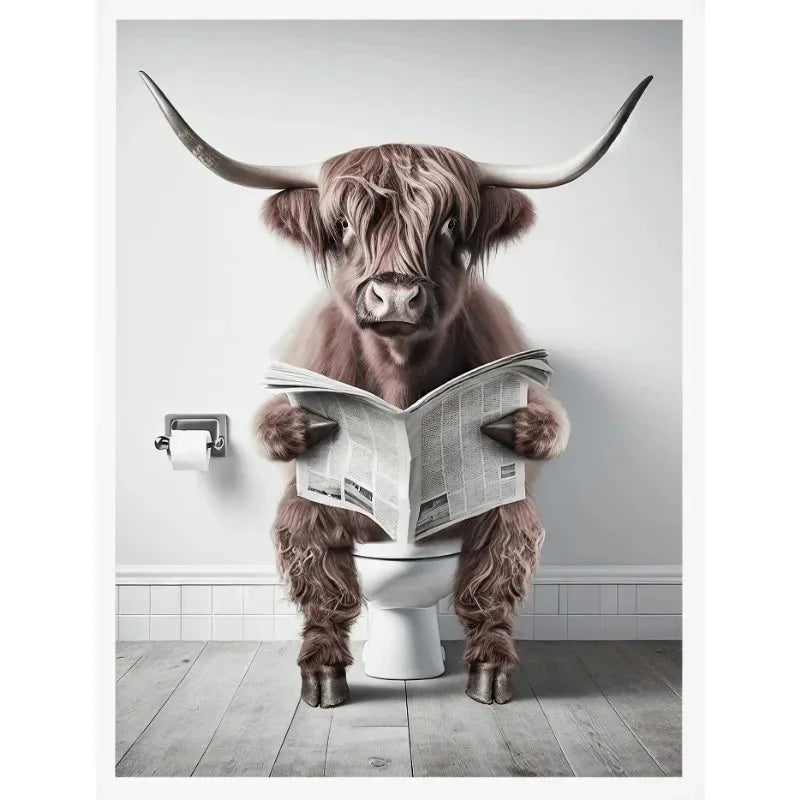 No-EN-Name-Null Modern Waterproof Handprinted Unframed Canvas Rectangle Shaped Abstract Funny Humorous Animals Bathroom Human-Like Sitting On The Toilet Wall Art Prints /Colors-White/Multicolor/Animals/Gray