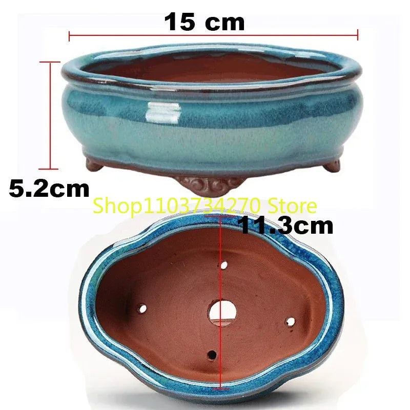 No-EN-Name-Null Home Garden Lightweight Glazed Ceramic Blue-Green Round Shaped Chinese Bonsai Desktop Flower Pots/Colors-Blue/Green/Purple/Brown