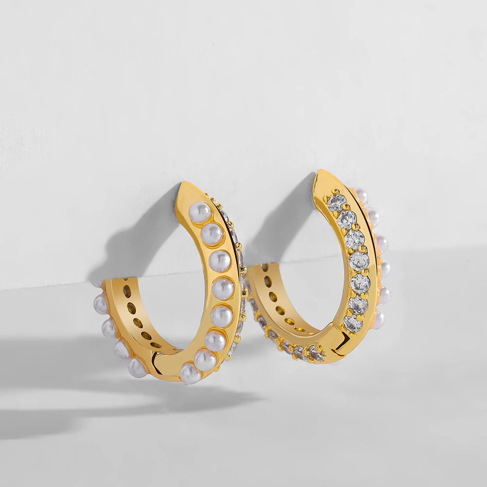 EARPELS Adult Women Fine Imitation Copper Gold Plated Plastic Resin Small Round Circle Inlay Clear Cubic Zirconia-White Pearls Hoop Huggies Earrings/Colors-Clear/Gold/Geometric