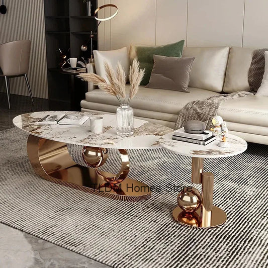 2  pcs Marble Topped Oval-Shaped Coffee Table Gold Colored Metal Base / Small Round Coffee Table Set/ Size: Oval Table 42cm H x  120/130cm W/ Size: Small Round  50cm W x  48cm H