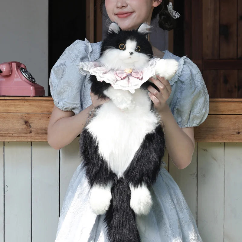No-EN-Name-Null  Unisex Lightweight Softback Cute Soft Plush Black-White Cat Ragdoll Shaped Design Metal Zippers Polyester Lining Cotton Fabric Two Adjustable Shoulder Straps-Handle School Backpacks/Adjustable Sizes