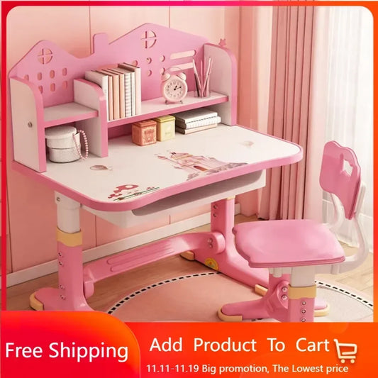 No-EN-Name-Null  Modern Kids Waterproof Wear-Scratch-Resistant Surface White-Pink Trim Rectangle Shaped Adjustable Shelves Steel Metal Frame Round Curved Corners Study Desk-Chair Sets/Storage Options /Drawers/Colors-Pink/Blue/White/Yellow