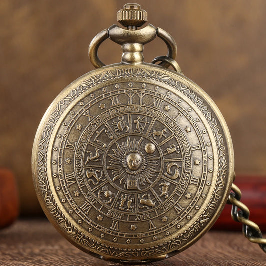 YISUYA Adults Antique Bronze Quartz Analog Display Acrylic Face 12 Constellations-Zodiac Signs Design Metal Alloy Round Shaped Case White Face Black Numbers Bronze Pendant Chain-Pocket Watches