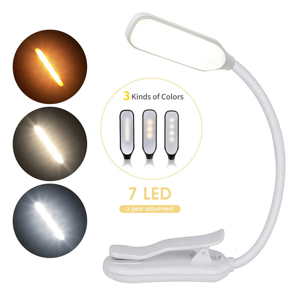 No-EN-Name-Null Mini Portable Warm-Cool White Seven LED Reading Light White-Black Rectangle Plastic Head Flexible Neck Micro USB Cable Built-In Rechargeable Lithium Battery 3-Level Brightness Strong Non-Slip Clamp-On Book Lights /Battery  Included