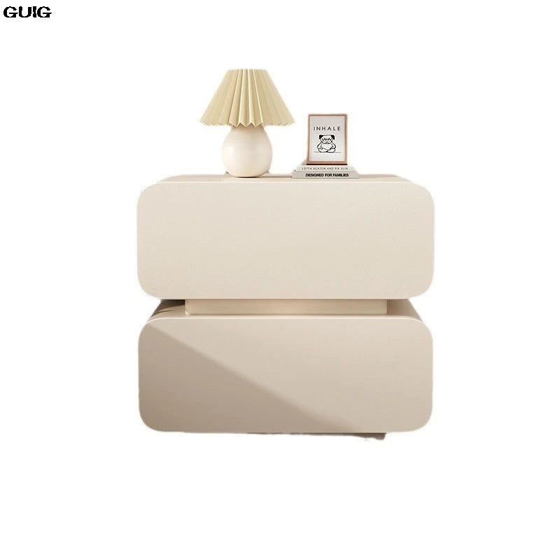 GUIG Modern Soft Microfiber Leather Abrasion-Scratch Resistant Curved Square Shaped Cream White Solid Wood Hidden Handles Two Drawers Nightstands/Colors-White/Dark Gray/Light Gray