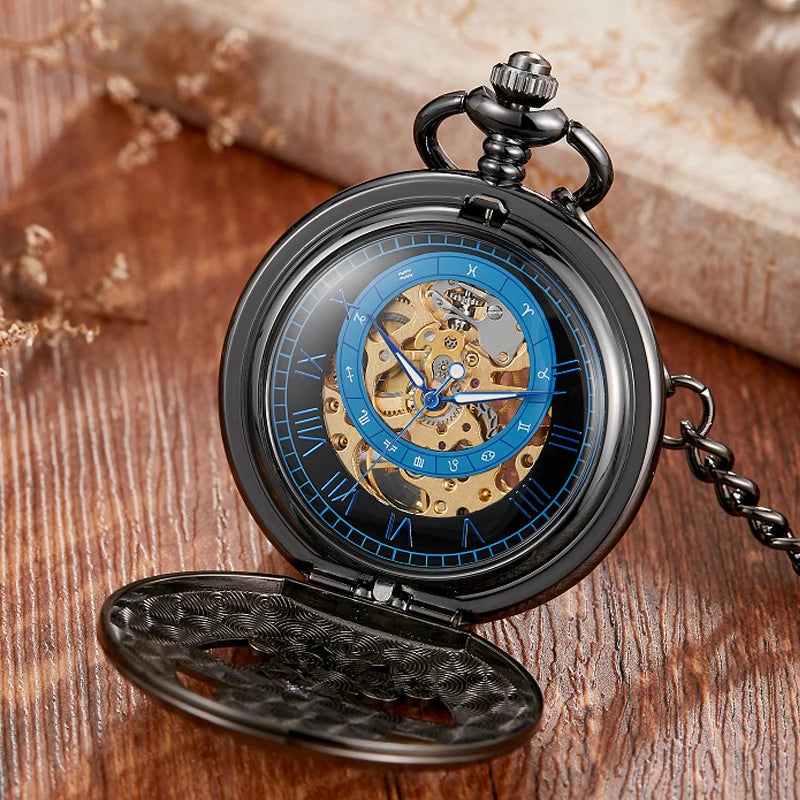 GORBEN Adults Mechanical Hand-Winding Glass Face Black-Sliver-Gold Round Stainless Steel Metal Case Analog Display Hollow-Out Skeleton Dial Blue Night Sky-Half Moon-Stars-Sun Design Analog Display Chain-Pocket Watches/With Box-Without Box
