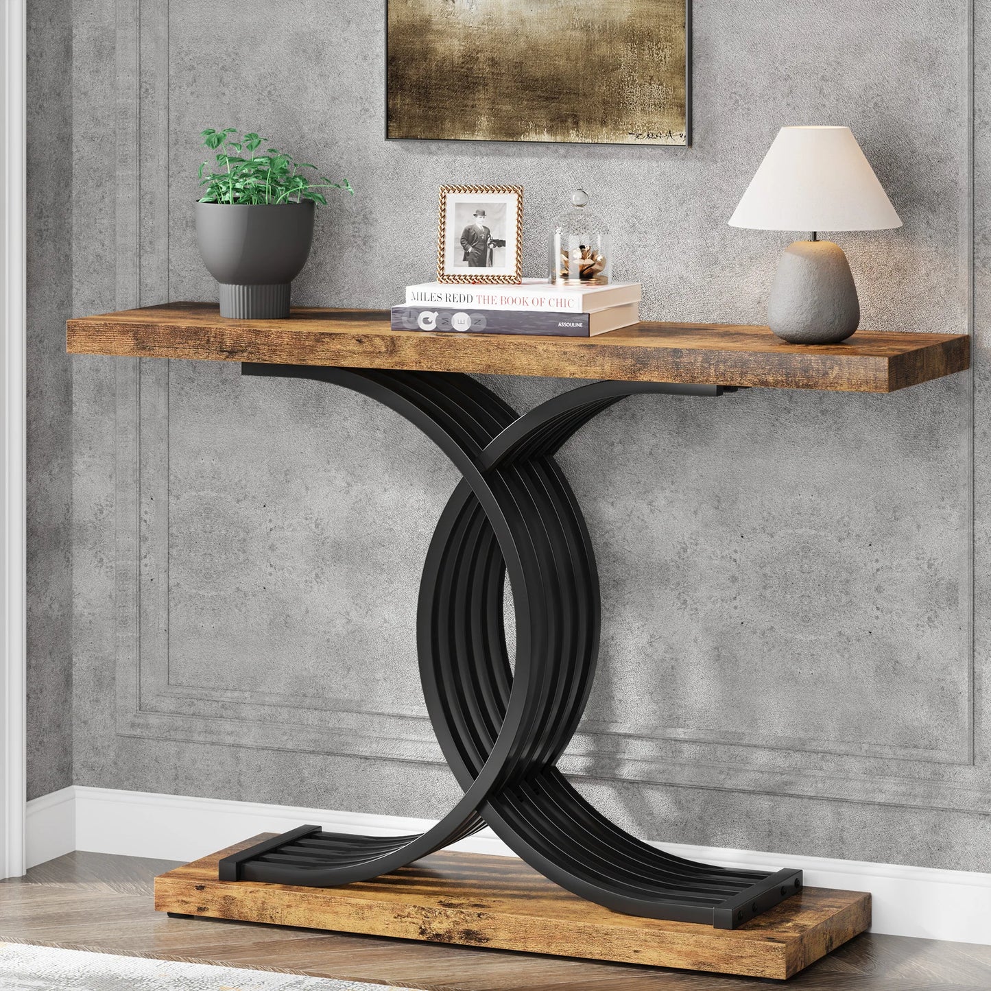 TRIBESIGNS Modern Entryway White Faux Marble Rectangle Shaped Wood Top-Bottom Rectangle Strong Sturdy Wood Base Geometric Gold Metal Frame Narrow Console Tables/Colors-White/Black/Chocolate/Dark Gray