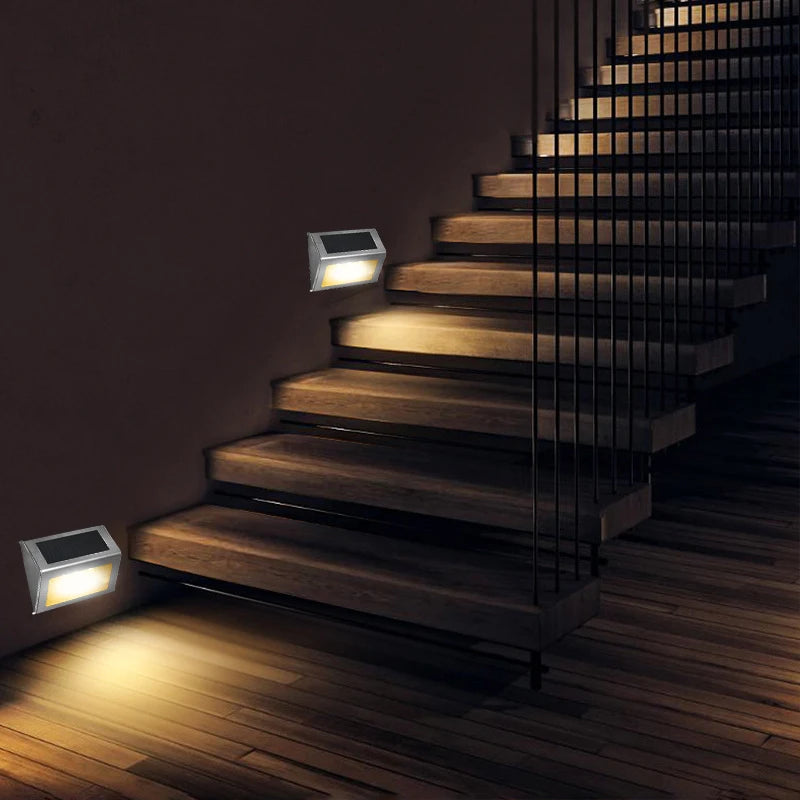 OPPSHINE Outdoor Modern Waterproof Silver-Yellow-White Square PC Plastic Body Warm-Cool White 6 LED Solar-Powered Stainless Steel Metal Step Landscape Pathway Lighting