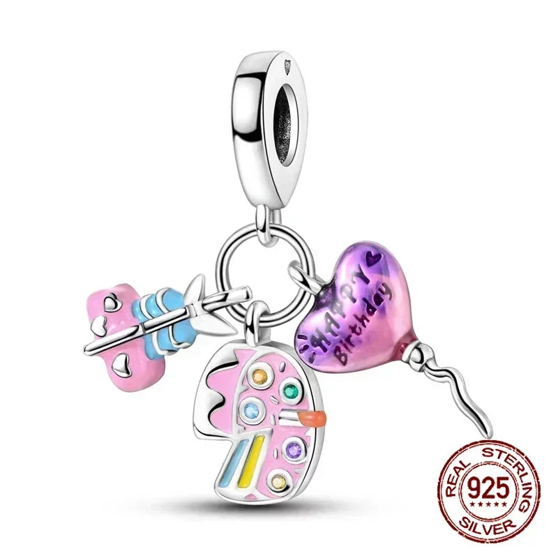 No-EN-Name-Null Women Sterling Silver Enamel Rainbow-Hot Air Balloon Design Fine Imitation Zircon Stone Glass Nuggets Beads Shaped Charms-Pendants/ Colors-Rainbow/Multicolor/Silver/Pink/Animal/Floral