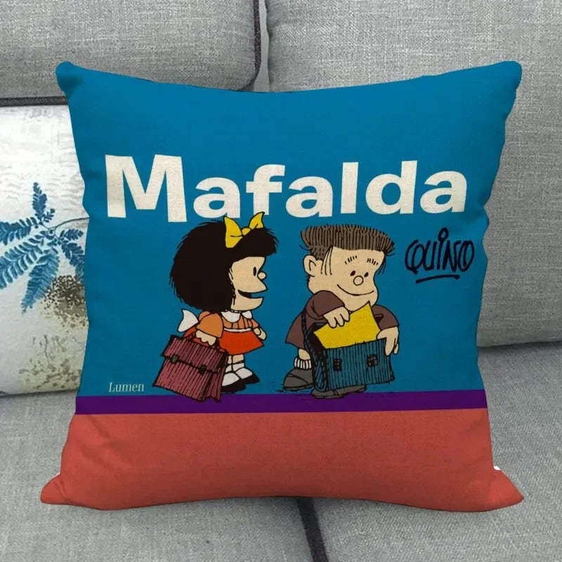 No-EN-Name-Null Customized Multicolor Square Machine Washable Soft Linen-Cotton Fabric Printed Mafalda Pillowcases/ Sizes: 45X45(One Sided)/Colors-Red/Purple/Beige/White/Pink/Blue/Black/Floral/Multicolor