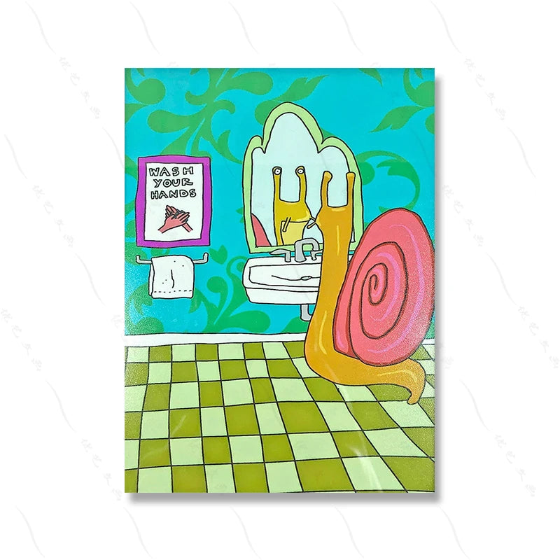 No-EN-Name-Null Modern Rectangle Unframed Canvas Cute Cartoon Funny Abstract Wash Your Hands Cute Snail Illustration Bathroom Wall Art Prints/Colors-White/Blue/Animal/Many SizesModern