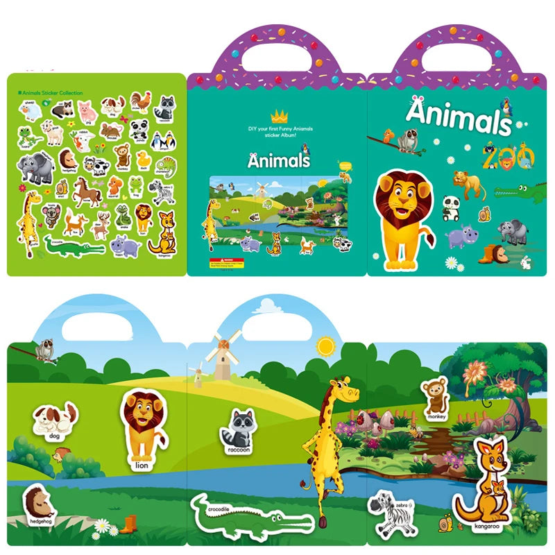 DATGO Parent-Preschool Kids Plastic-Vinyl Preschool Reusable Cartoon Copper Plate No-Tear Bubble Sticker Scene Paste Books Stickers-Sticker Machines /Ages :2 Years Old-Preschool Kids/Colors-Multicolor/Blue/Pink/Animal