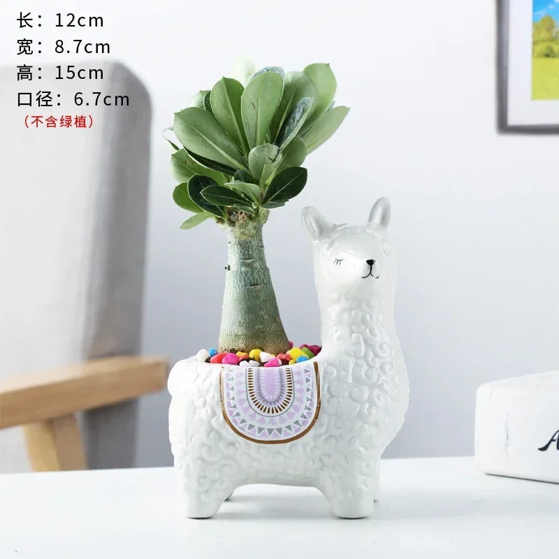 No-EN-Name-Null Home Garden Unglazed Ceramic Blue Cute Cartoon Alpaca-Owls Animal Mini Succulent Desktop Flower Pots Planters /Colors-Red/White/Blue/Gold/Animals