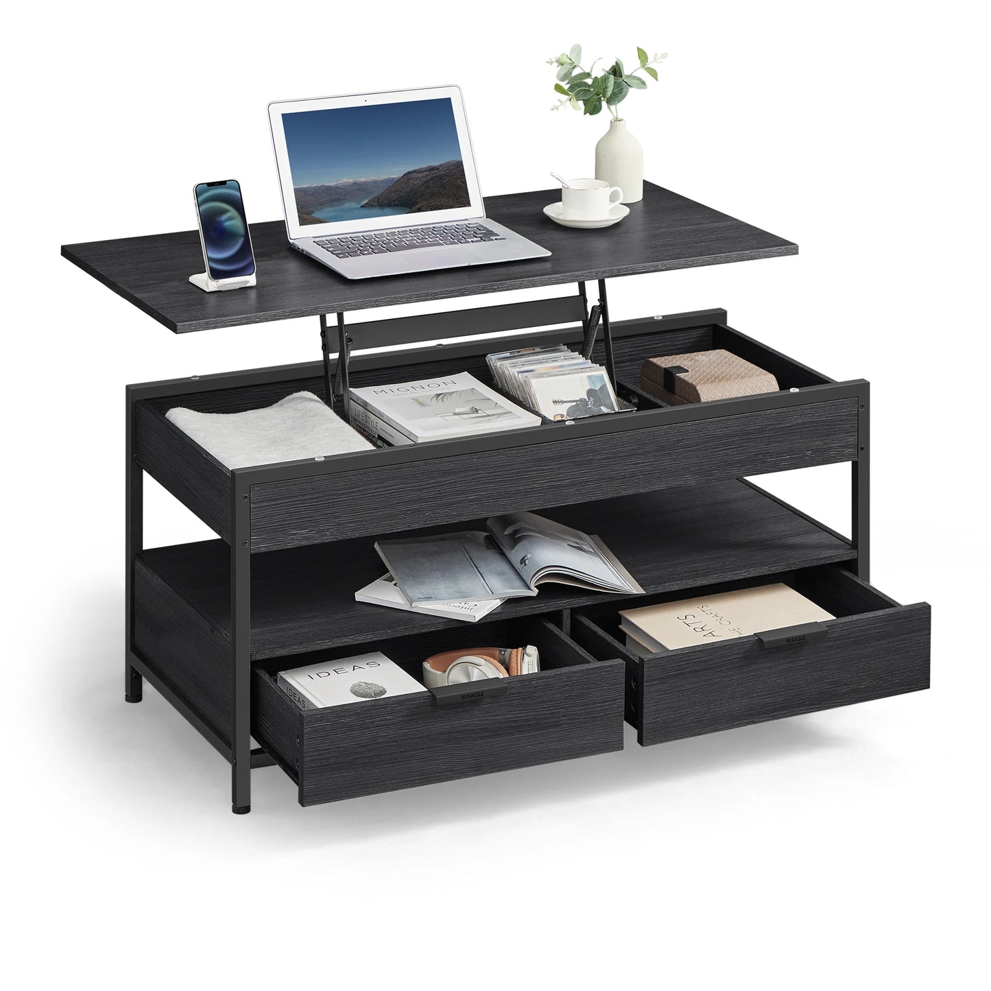 VASAGLE Lift Top Black Metal Frame Coffee Table/2 Storage Drawers/Hidden Compartments/Open Shelves/Colors-Black/Beige/Brown