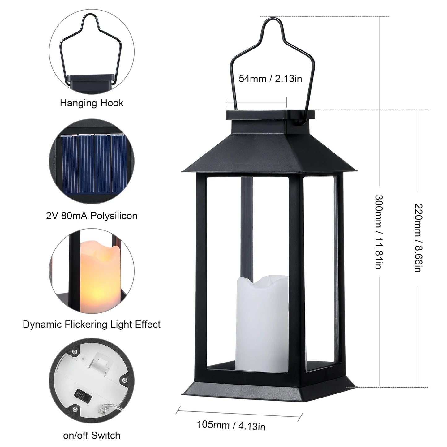 2 PCS Set Neoglint Black Polysilicon Outdoor LED Solar Flameless Flickering Light Effect Built-In Battery Hanging Hook  Lantern Lights