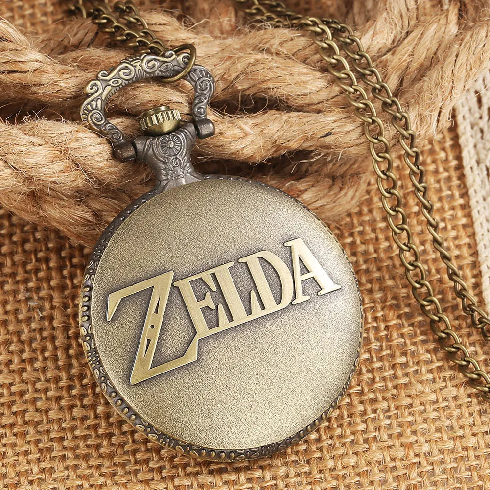 YISUYA Adults Antique ZELDA Design Quartz Acrylic Face Analog Display Steampunk Retro Bronze Round Shaped Metal Alloy Case Bronze Thick-Thin Pendant Necklace Chain-Pocket Watches