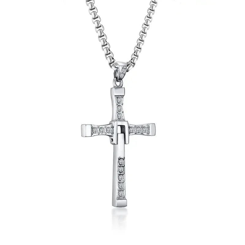 MEAEGUET Adult Unisex Fine Imitation Three Layer Silver-Plated Stainless Steel Silver-Black-Gold Colored Metal Clear White Shiny Cubic Zirconia Diamond-Like Gemstones Cross Pendant Chain Necklaces