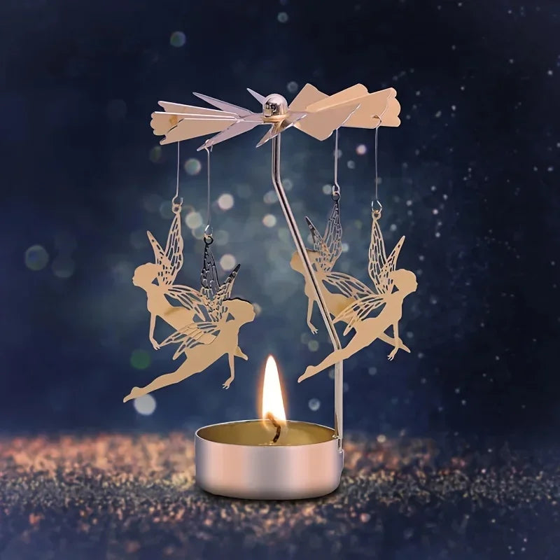 Gold Metal Rotating Fairies Flying Around Small Tealight Round Base Candleholders/No Candle/