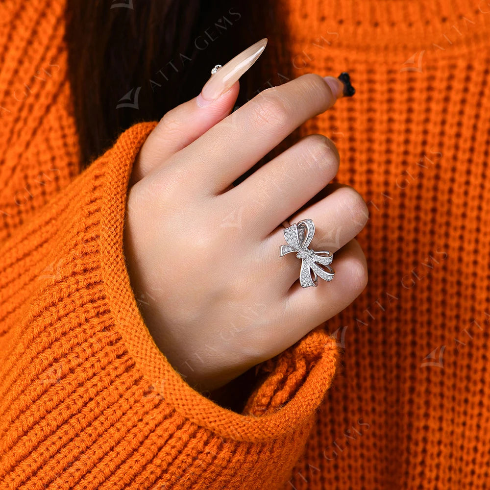 ATTAGEMS Sterling Silver 18K Gold-Plated Bow-Knot Shaped Gold-Silver Full Moissanite Shiny Clear White Imitation Diamond Stones Prong Wedding Solitaire Bands Rings/Colors-Silver/Gold/White